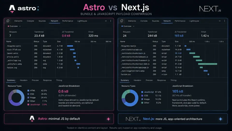 Bundle size comparison showing Astro near-zero JavaScript vs Next.js React runtime overhead for a static content page