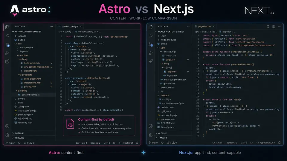 Astro content collections and Next.js App Router project structure shown side by side