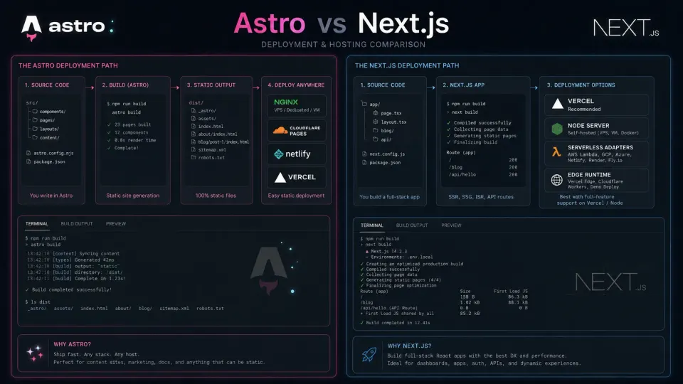 Astro static hosting and Next.js deployment options compared in a technical architecture diagram