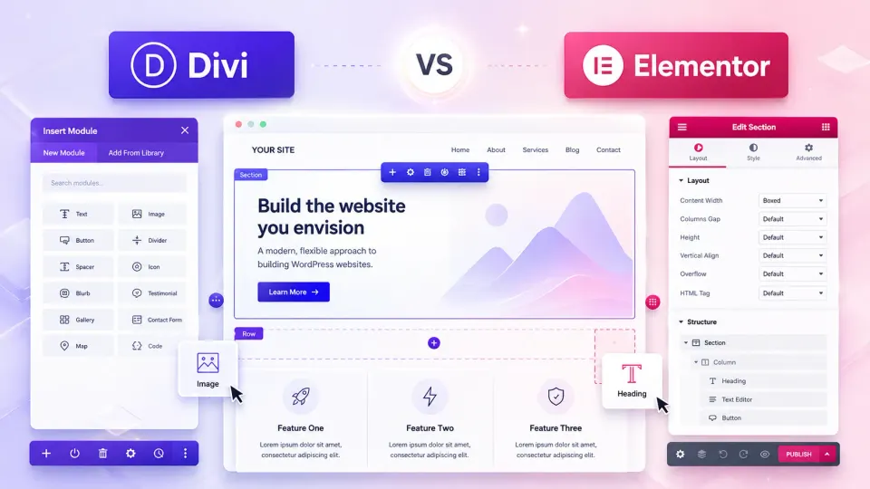 Visual comparison of Divi and Elementor page builder interfaces