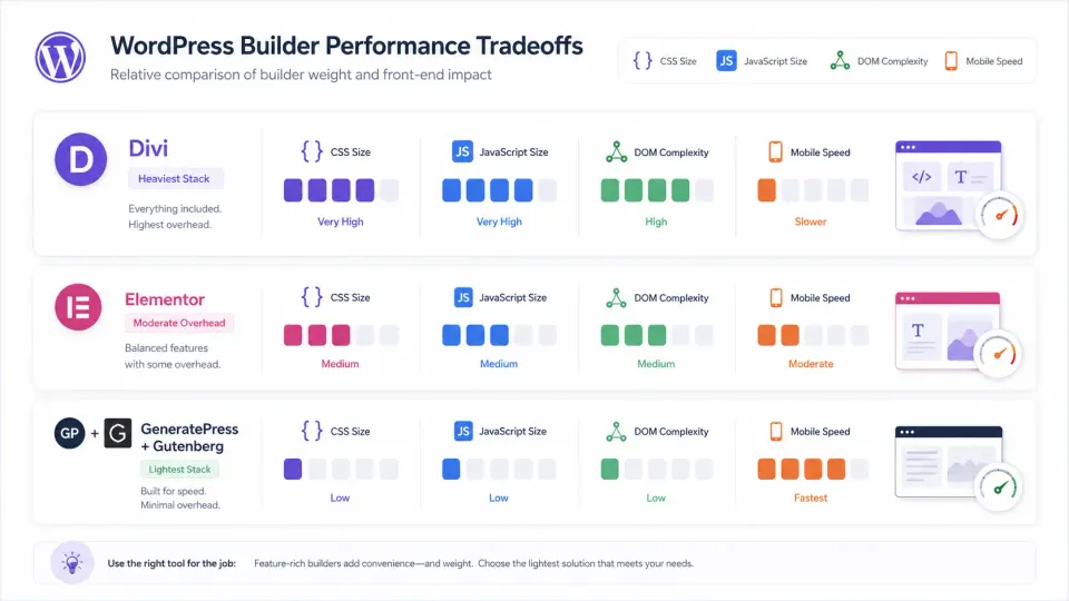 Diagram showing performance impact of Divi vs Elementor vs lightweight theme like GeneratePress