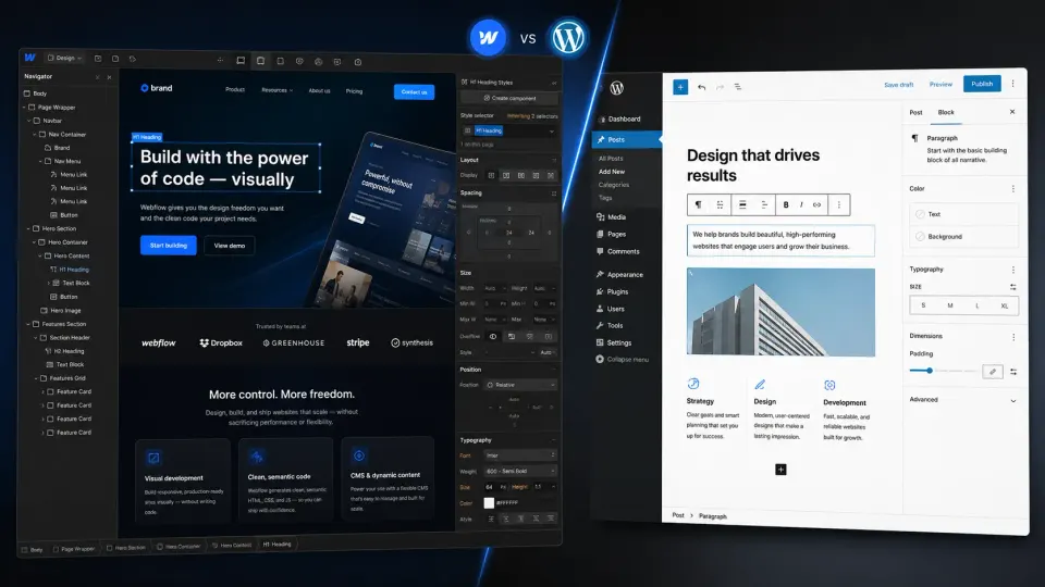 Webflow visual designer showing CSS controls vs WordPress block editor
