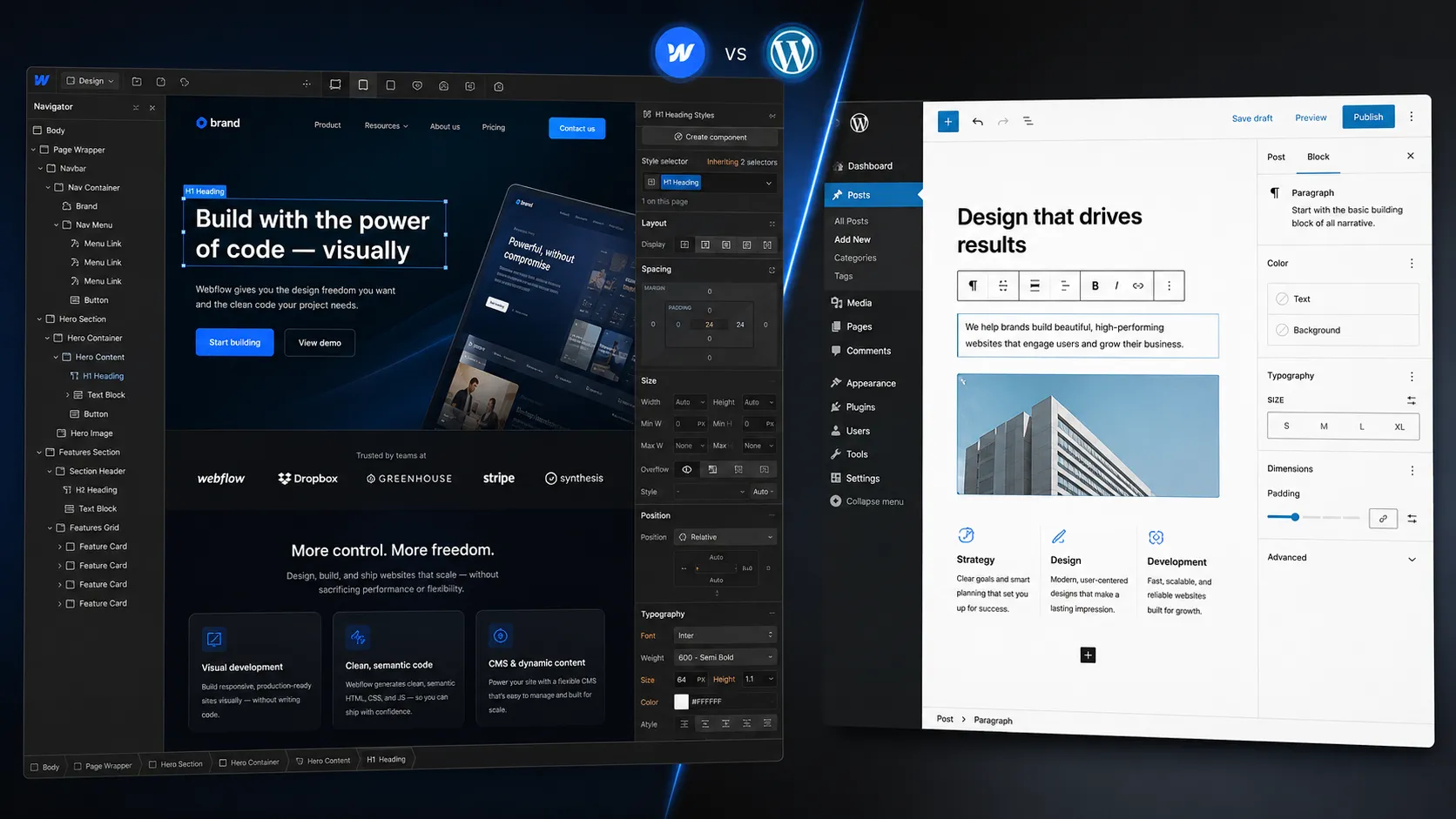 Webflow visual designer showing CSS controls vs WordPress block editor