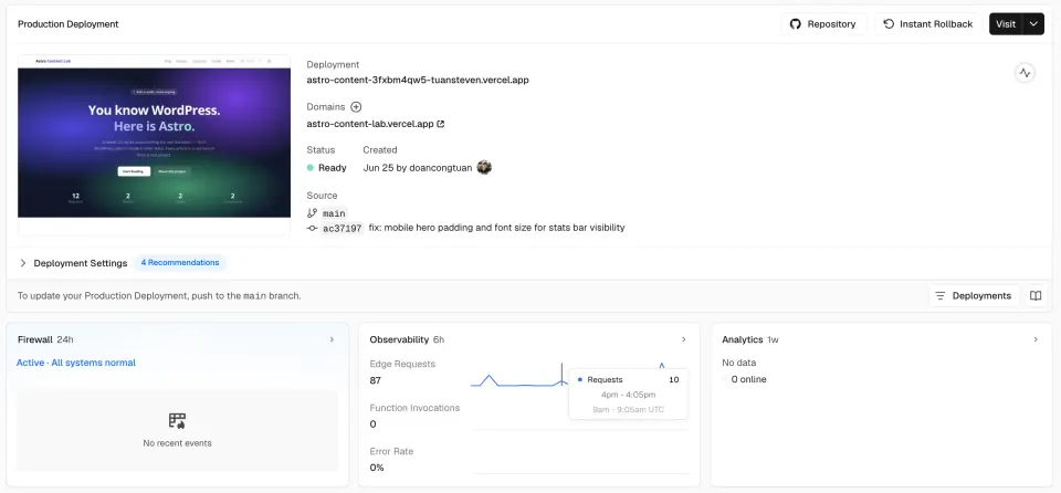 Astro Content Lab deployment preview showing the live Vercel URL and ready status