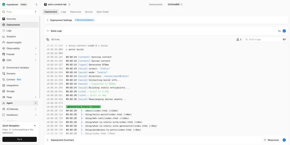 Vercel build logs showing an Astro deployment completing successfully