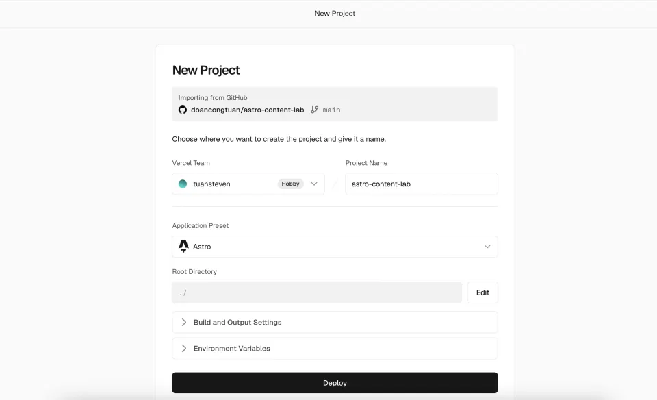 Vercel project configuration showing the imported Astro GitHub repository and Astro application preset