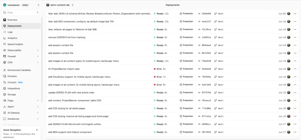 Vercel deployments list showing Git commits, branches, statuses, and production deployments