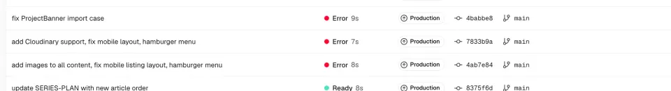Vercel deployment list showing failed builds caused by a case-sensitive ProjectBanner import path