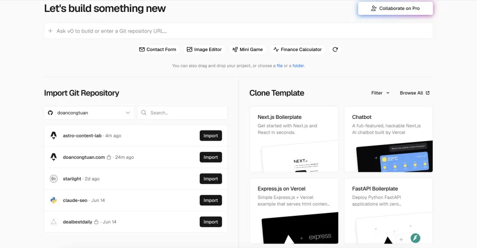 Vercel dashboard showing the astro-content-lab GitHub repository with an Import button