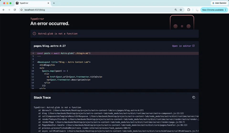 The browser error showing Astro.glob is not a function in the Astro blog page