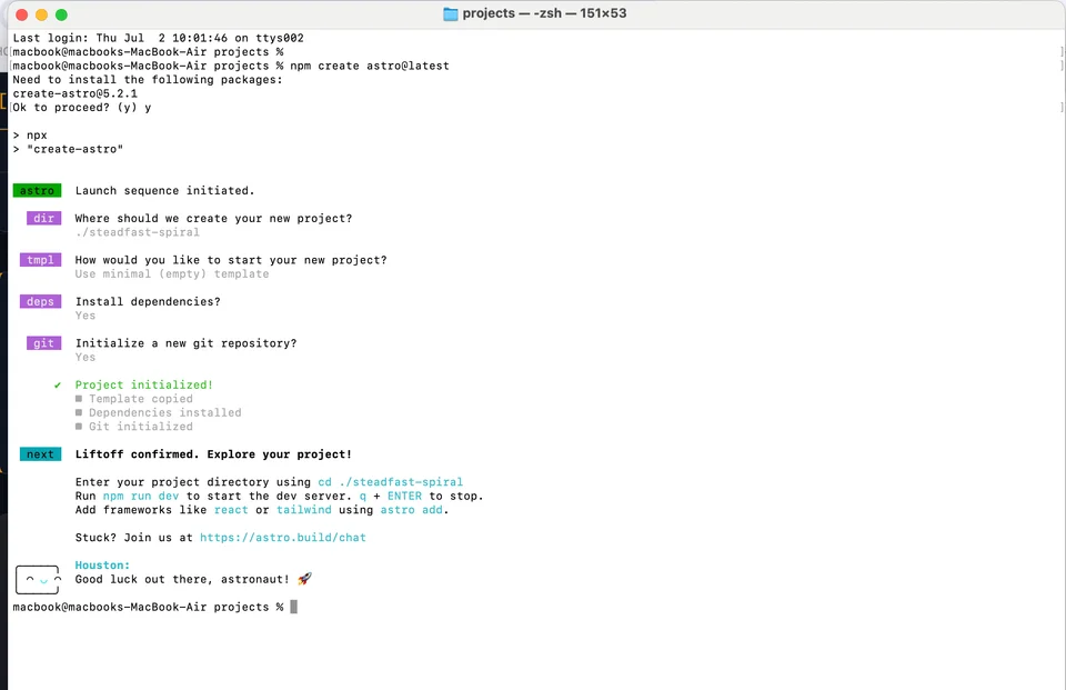 A terminal screenshot showing the Astro installer prompt and the default folder name selection