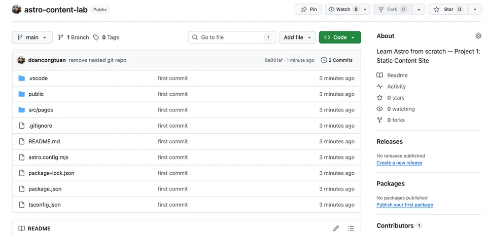 The GitHub repository page for the Astro content lab project