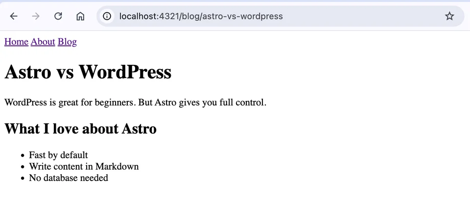 A local page comparing Astro with WordPress in the browser