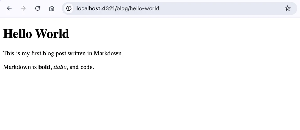 The local blog post rendering in the browser at localhost after the Markdown file was created