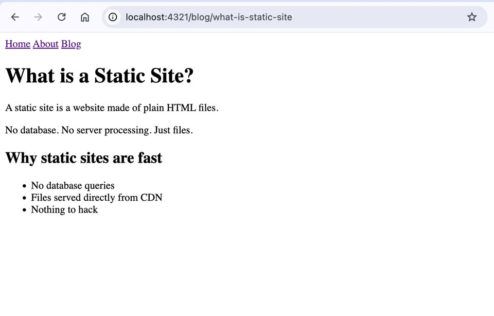A local Astro page showing the site structure with Home, About, and Blog navigation