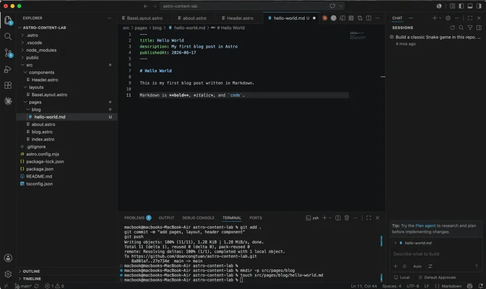 VS Code showing a new Markdown blog post file inside the Astro project