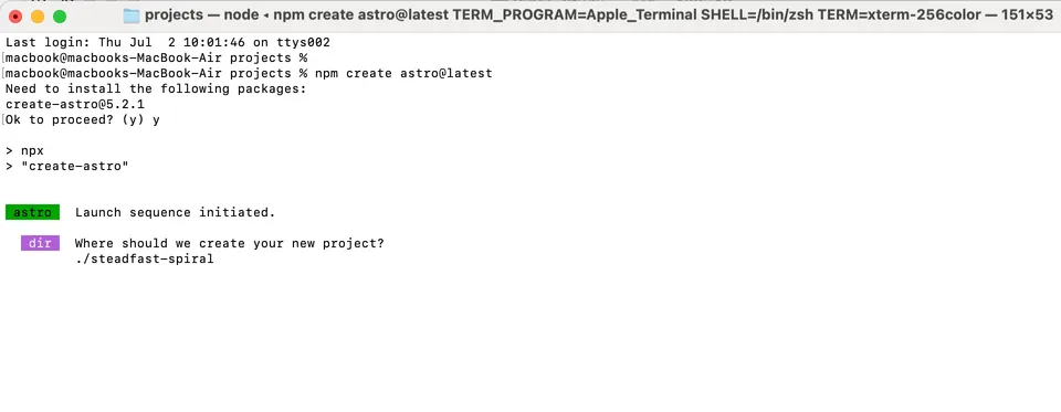 Astro installer prompt showing a default project folder name before the project is created