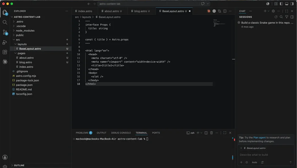 VS Code showing the BaseLayout component structure with the slot placeholder