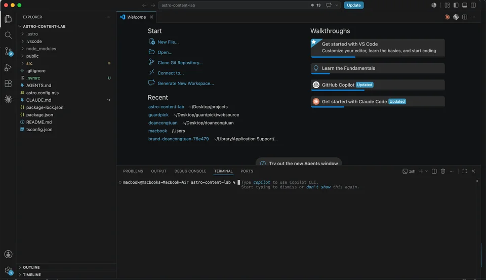VS Code with the integrated terminal open beside the project files