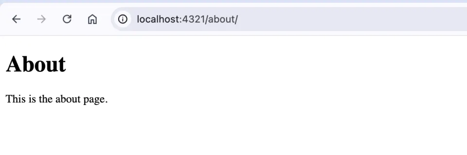 Browser preview of the Astro about page running at localhost 4321 slash about