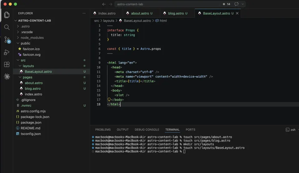 VS Code showing BaseLayout astro with a title prop and slot placeholder inside the body
