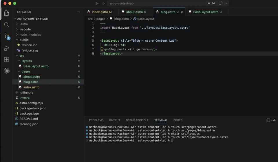 VS Code showing blog astro importing BaseLayout and wrapping blog page content in the layout
