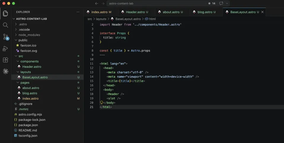 VS Code showing BaseLayout importing Header astro and rendering Header before the slot