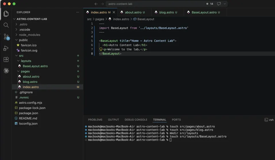 VS Code showing index astro importing BaseLayout and passing a title prop around home page content