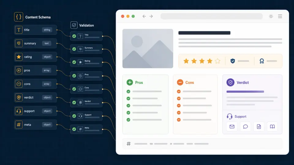 Browser showing an Astro review page with rating stars, pros and cons boxes, and verdict section