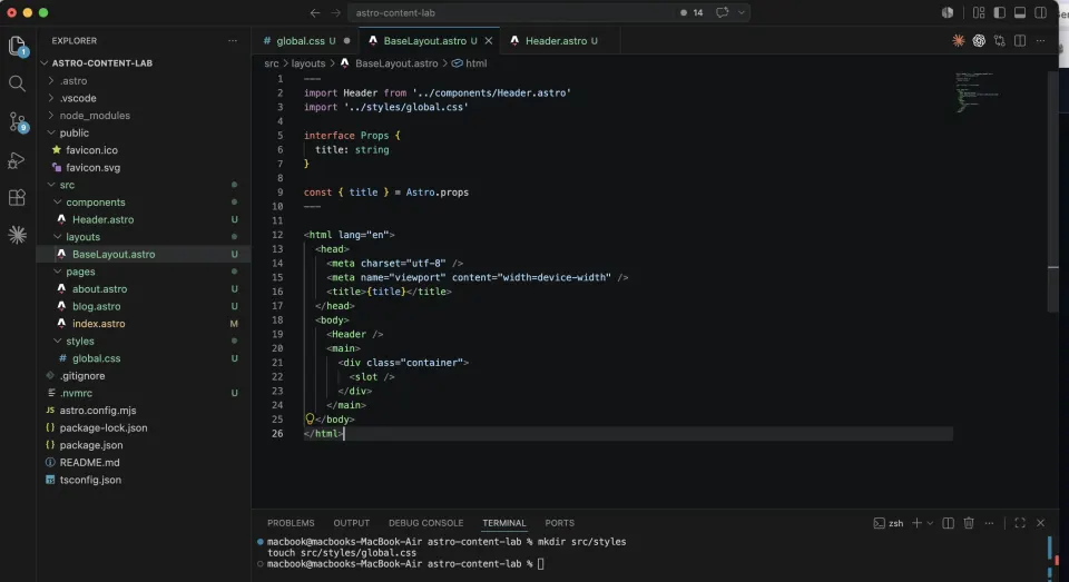 VS Code showing BaseLayout astro importing global CSS and wrapping slot content in main and container elements
