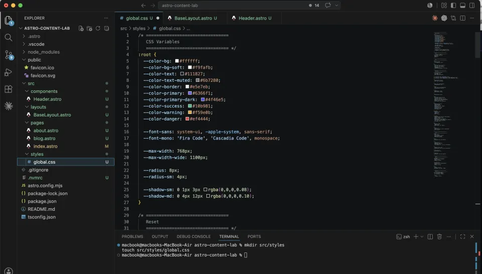 VS Code showing global CSS with variables for colors, fonts, widths, radius, and shadows