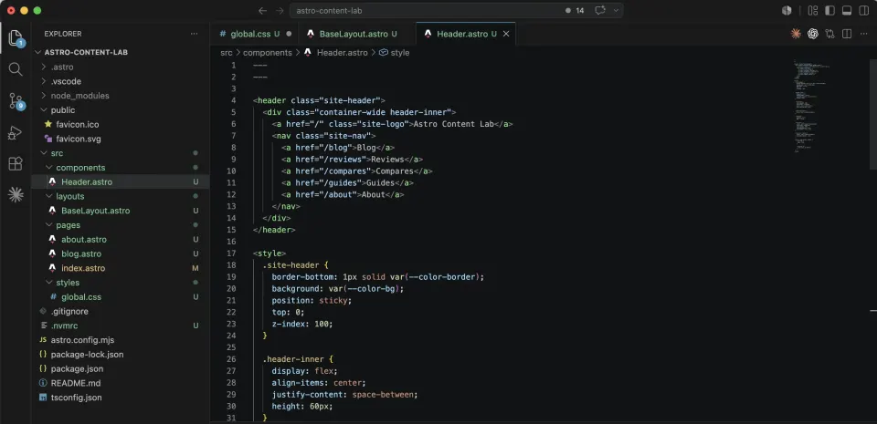 VS Code showing Header astro with navigation links and scoped CSS for the sticky site header