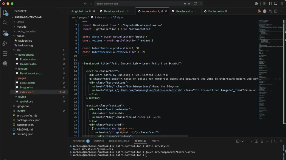 VS Code showing index astro home page markup and CSS for hero sections, card grids, buttons, and badges