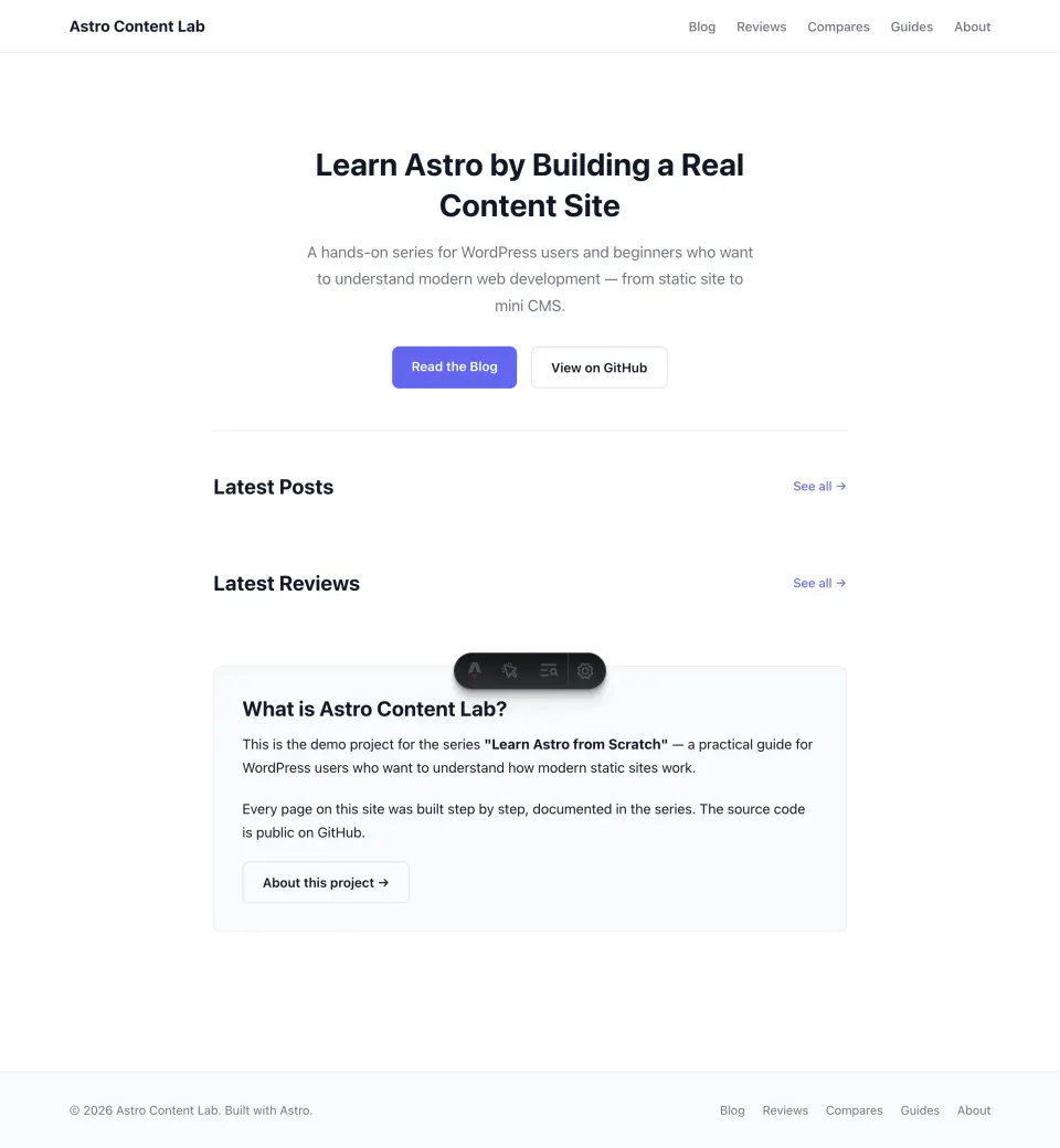 Styled Astro Content Lab homepage with header navigation, centered hero, call to action buttons, card sections, and footer
