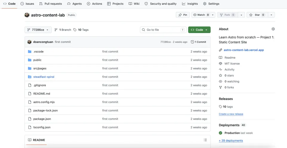 GitHub repository page for astro-content-lab showing project files after the first commit