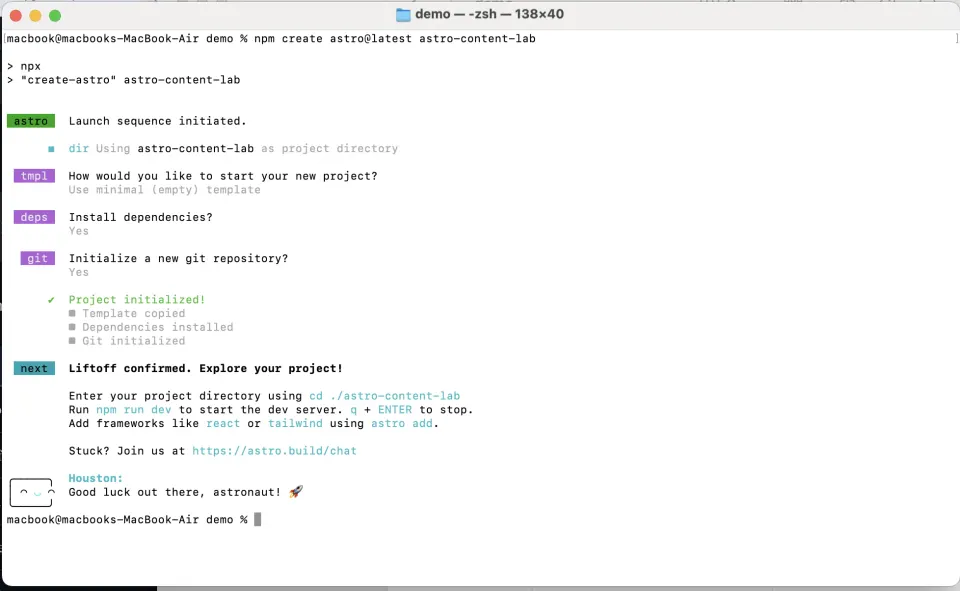 Astro create project wizard showing astro-content-lab initialized with dependencies installed and Git initialized