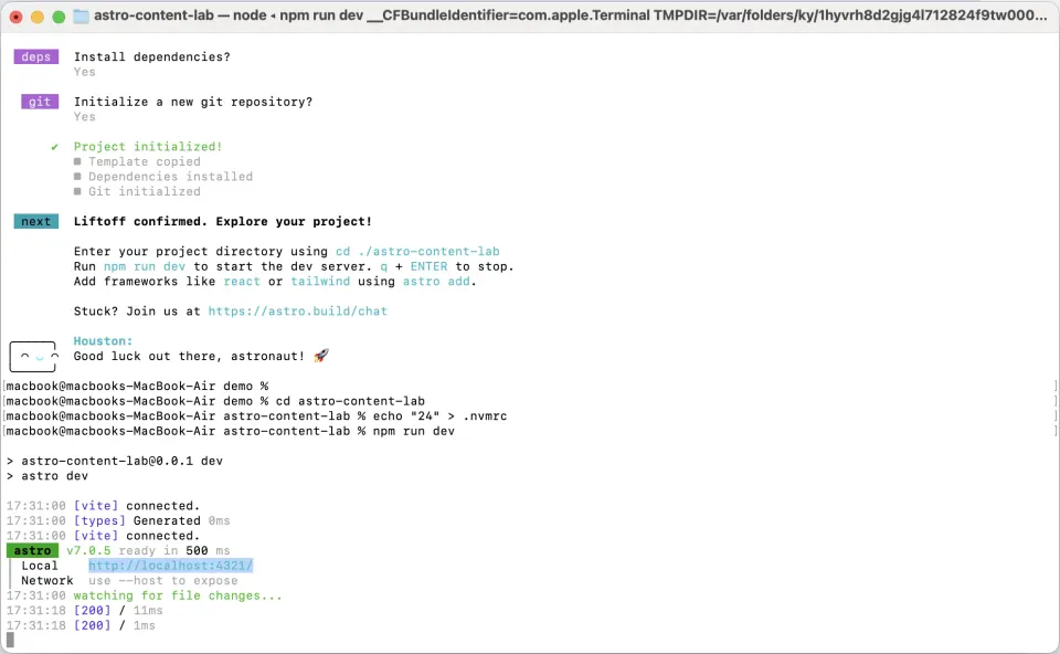 Terminal running npm run dev with Astro dev server available at localhost 4321