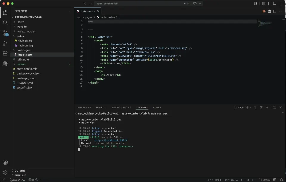 Astro project open in VS Code with index astro selected and the integrated terminal running npm run dev