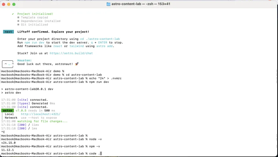 Terminal showing Node.js 24 and npm 11 version checks before opening an Astro project in VS Code