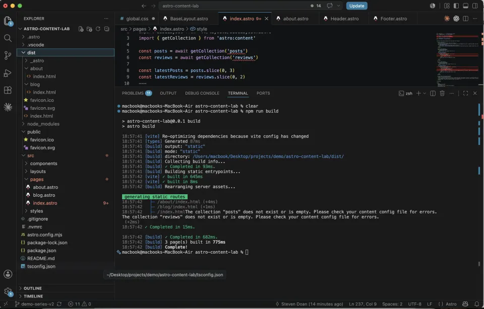 VS Code showing Astro npm run build output and generated files in the dist folder