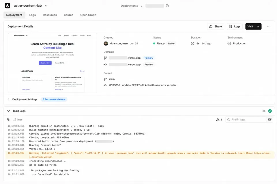 The astro-content-lab project deployed on Vercel from a public GitHub repository