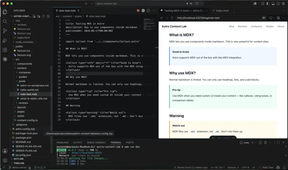 An Astro MDX file open in VS Code beside the rendered page in a local browser preview