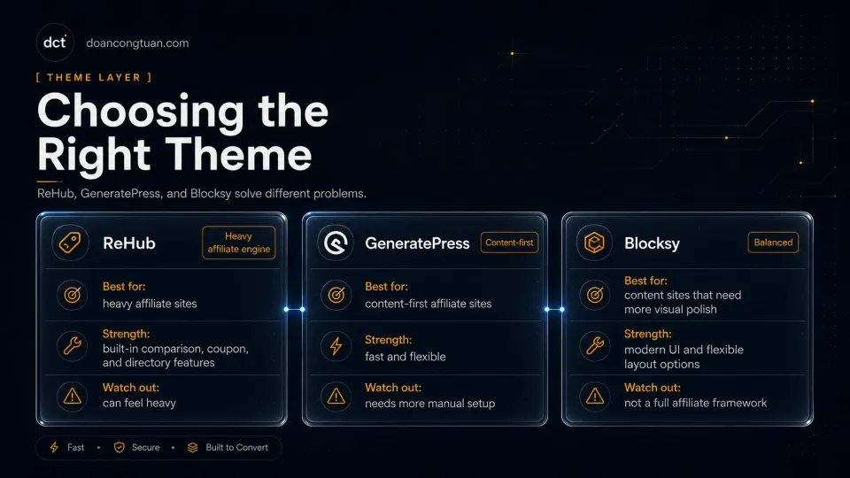 Comparison of ReHub, GeneratePress, and Blocksy WordPress themes for affiliate sites by content model