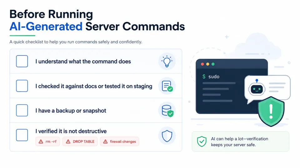 Checklist for reviewing AI-generated server commands before running them