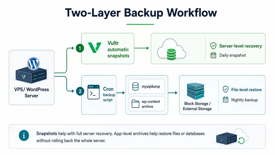 Diagram showing two-layer backup strategy: Vultr snapshots and cron-based database archive