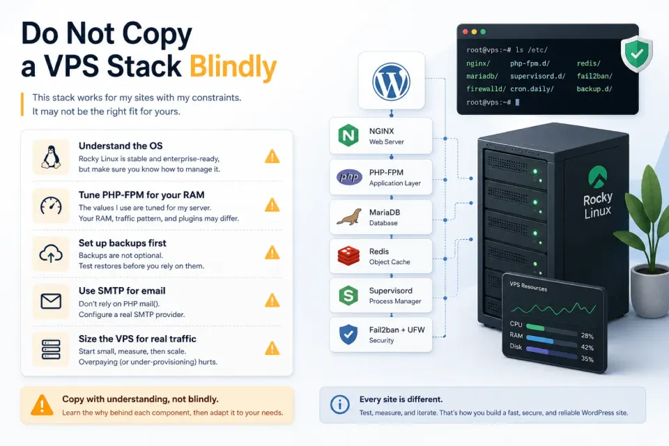 Checklist warning against blindly copying a WordPress VPS stack without understanding backups, PHP-FPM tuning, Rocky Linux, SMTP, and server sizing