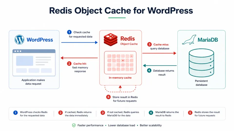 Diagram showing Redis object cache sitting between WordPress and MariaDB database