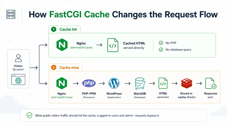 Diagram showing WordPress request flow with Nginx FastCGI cache hit vs miss