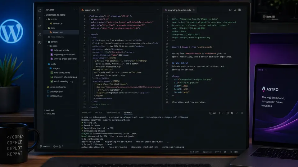 Terminal showing WordPress XML being converted to MDX files