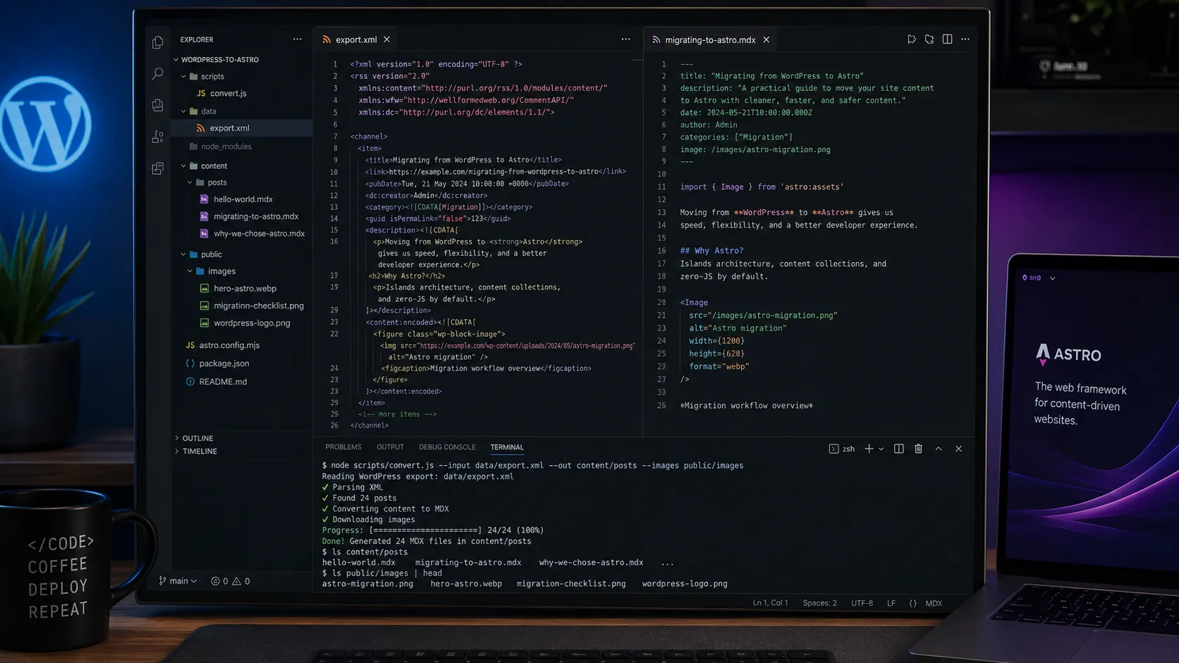 Terminal showing WordPress XML being converted to MDX files